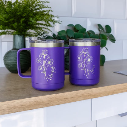 Personalized Birth Flower Insulated Coffee Tumbler with Handle for Sister, Best Friend, Bridesmaid, Personalized Coffee Mug, Travel Mug
