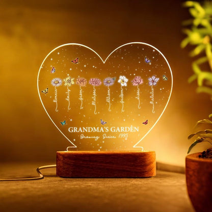 A Growing Love from Grandma's Garden - Personalized Birth Flowers LED Night Light Custom Name Mother's Day Gift Heart-shaped Night Light