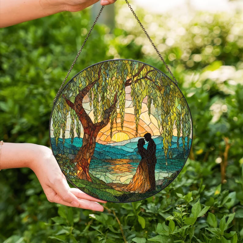 Stained Glass Couple Suncatcher Romantic Sunset Lake Window Hanging Wedding Gift Decor