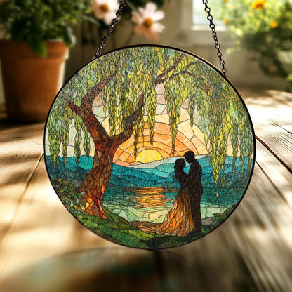 Stained Glass Couple Suncatcher Romantic Sunset Lake Window Hanging Wedding Gift Decor