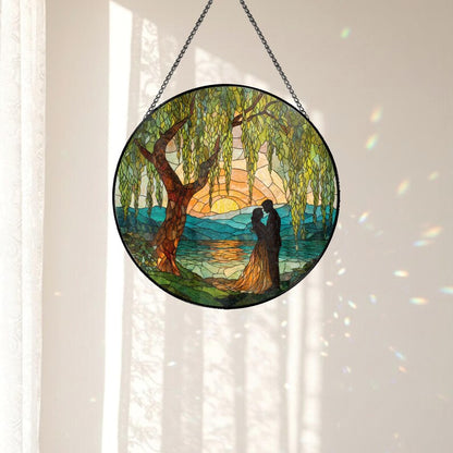 Stained Glass Couple Suncatcher Romantic Sunset Lake Window Hanging Wedding Gift Decor