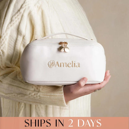 Monogram Embroidered Toiletry Bag, Mothers Day Gift, Large Vegan Leather Makeup Organizer, Personalized Bridesmaid Proposal Gift [T]
