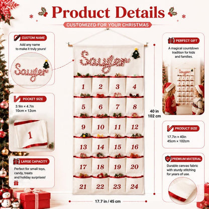 Reusable Christmas Advent Calendar, Personalized Name Canvas Wall Hanging with 24 Large Pockets