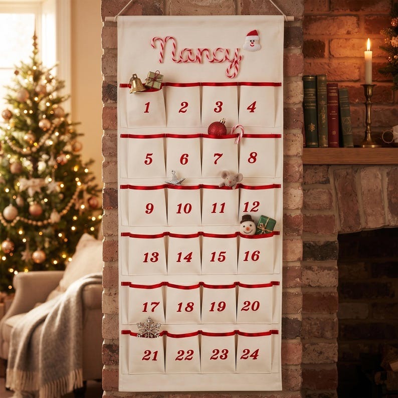 Reusable Christmas Advent Calendar, Personalized Name Canvas Wall Hanging with 24 Large Pockets