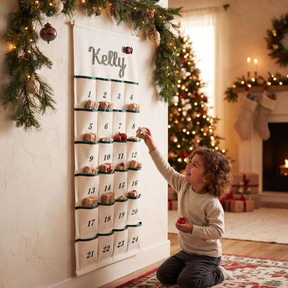 Reusable Christmas Advent Calendar, Personalized Name Canvas Wall Hanging with 24 Large Pockets