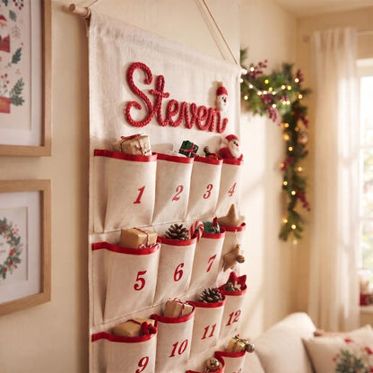Reusable Christmas Advent Calendar, Personalized Name Canvas Wall Hanging with 24 Large Pockets