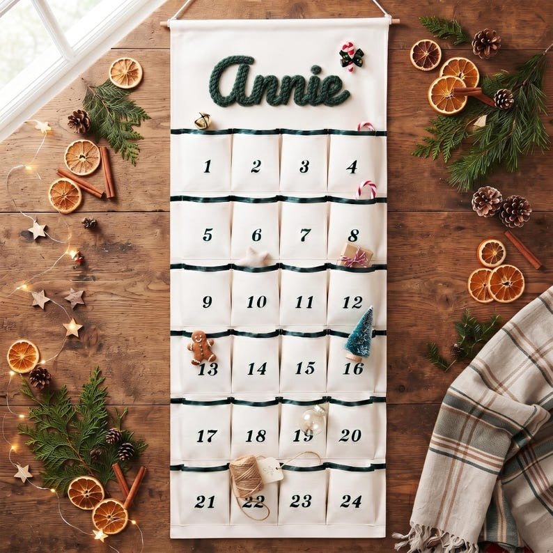 Reusable Christmas Advent Calendar, Personalized Name Canvas Wall Hanging with 24 Large Pockets