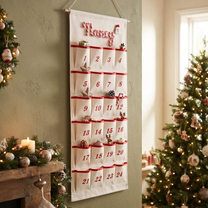 Reusable Christmas Advent Calendar, Personalized Name Canvas Wall Hanging with 24 Large Pockets