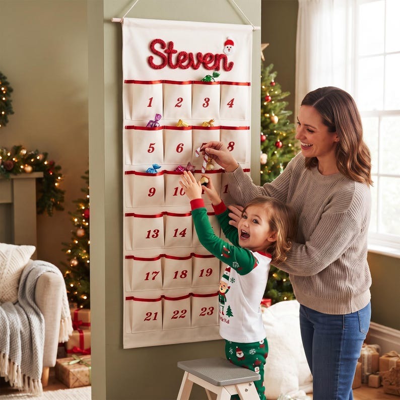 Reusable Christmas Advent Calendar, Personalized Name Canvas Wall Hanging with 24 Large Pockets