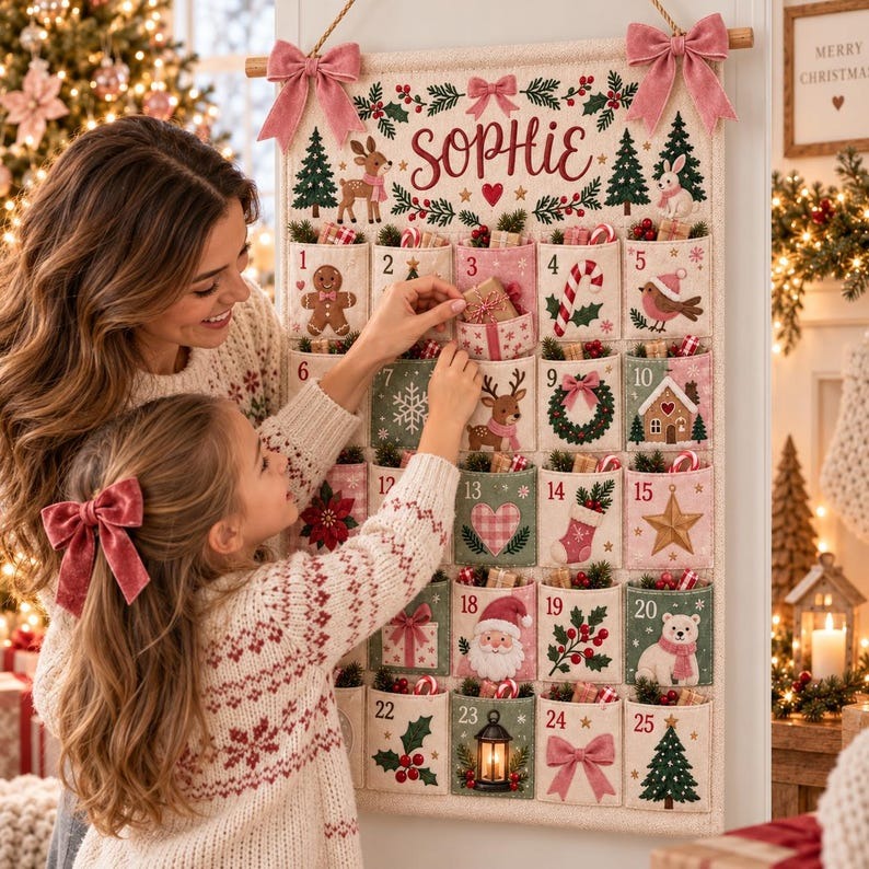 Personalized Christmas Advent Calendar, 25 Pocket Kids Countdown Calendar