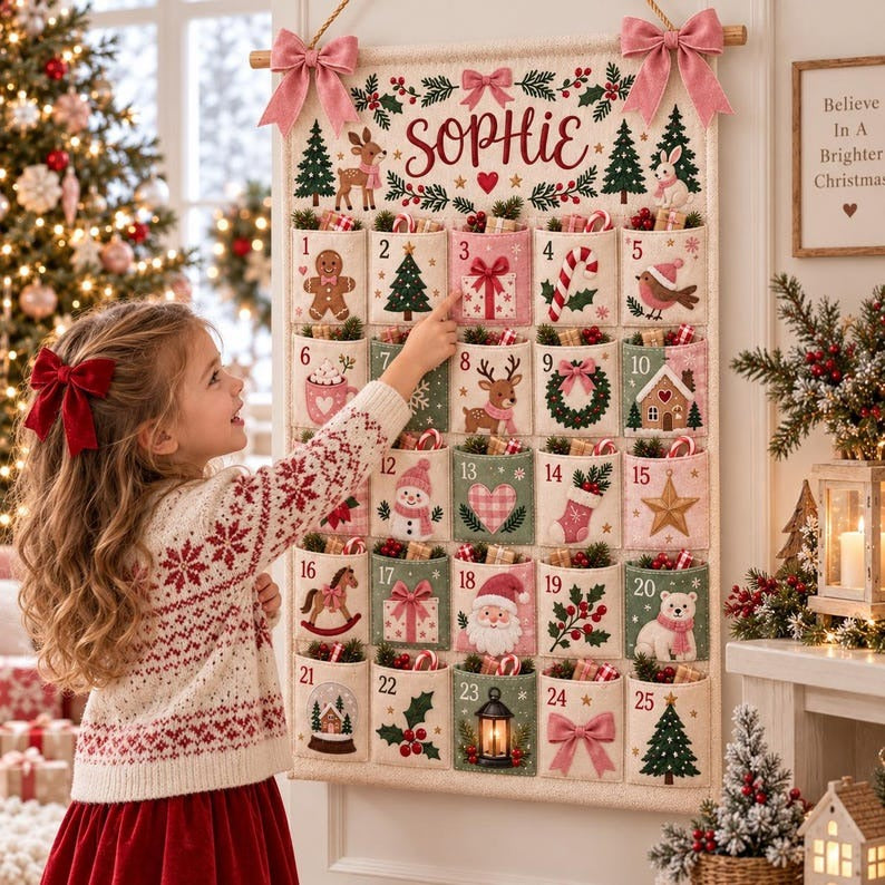 Personalized Christmas Advent Calendar, 25 Pocket Kids Countdown Calendar