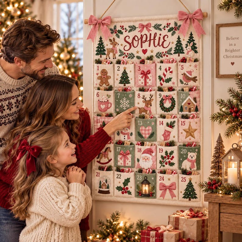Personalized Christmas Advent Calendar, 25 Pocket Kids Countdown Calendar