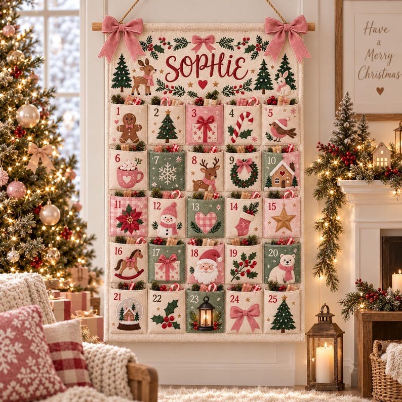 Personalized Christmas Advent Calendar, 25 Pocket Kids Countdown Calendar