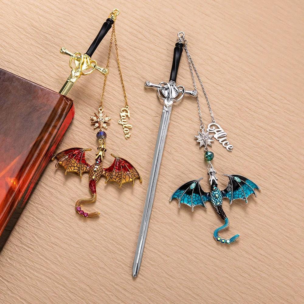 Personalized Name Fantasy Dragon Sword Bookmark | Fourth Wing Gothic Bookmark | Bookish Metal Charm | Birthday Graduation Gift for Readers
