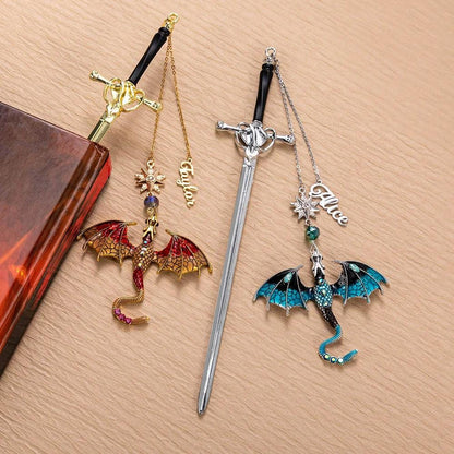 Personalized Name Fantasy Dragon Sword Bookmark | Fourth Wing Gothic Bookmark | Bookish Metal Charm | Birthday Graduation Gift for Readers