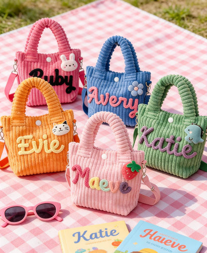 Personalized Toddler Purse with Cute Charm Custom Name Corduroy Kids Crossbody Bag/Handmade Yarn Letters/Birthday Gift Preschool Daycare Bag