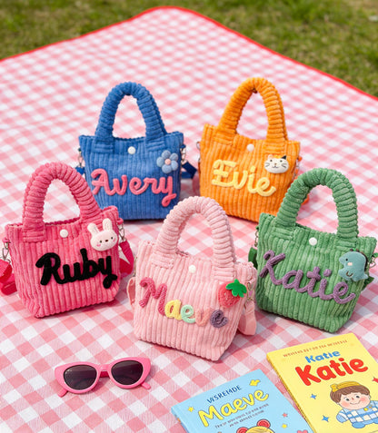 Personalized Toddler Purse with Cute Charm Custom Name Corduroy Kids Crossbody Bag/Handmade Yarn Letters/Birthday Gift Preschool Daycare Bag