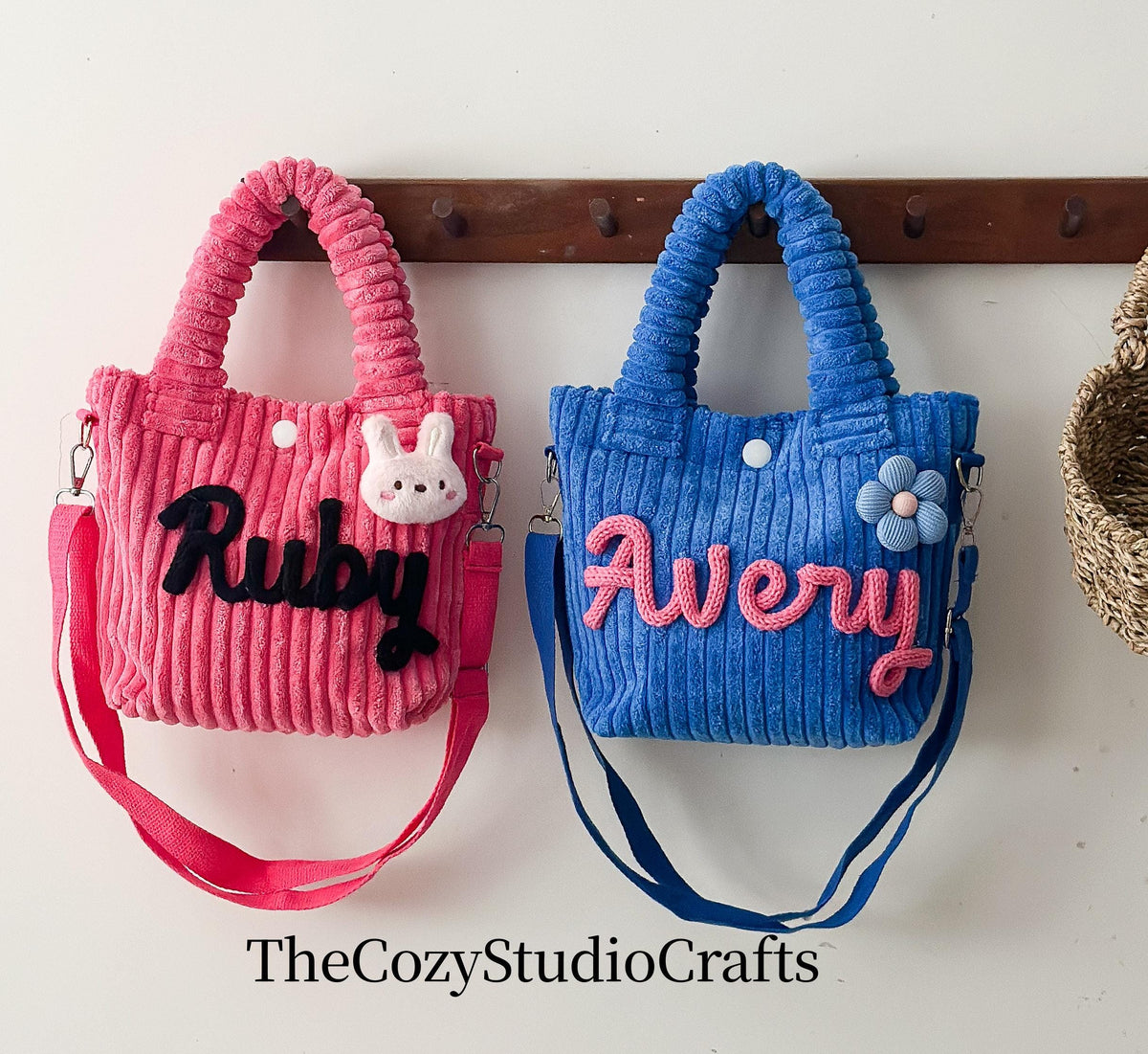 Personalized Toddler Purse with Cute Charm Custom Name Corduroy Kids Crossbody Bag/Handmade Yarn Letters/Birthday Gift Preschool Daycare Bag