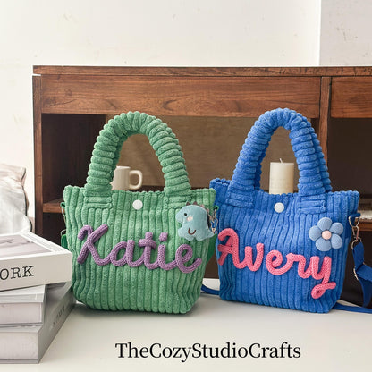 Personalized Toddler Purse with Cute Charm Custom Name Corduroy Kids Crossbody Bag/Handmade Yarn Letters/Birthday Gift Preschool Daycare Bag