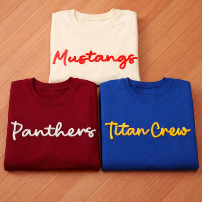 Custom Chenille Lettering Team Name Sweatshirt, Embossed Mascot Sweatshirt, Custom School Sweatshirt, Gift Idea, 3D Chenille Embroidery