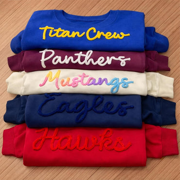 Custom Chenille Lettering Team Name Sweatshirt, Embossed Mascot Sweatshirt, Custom School Sweatshirt, Gift Idea, 3D Chenille Embroidery