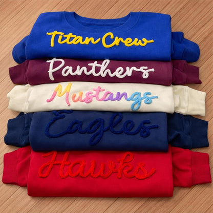 Custom Chenille Lettering Team Name Sweatshirt, Embossed Mascot Sweatshirt, Custom School Sweatshirt, Gift Idea, 3D Chenille Embroidery