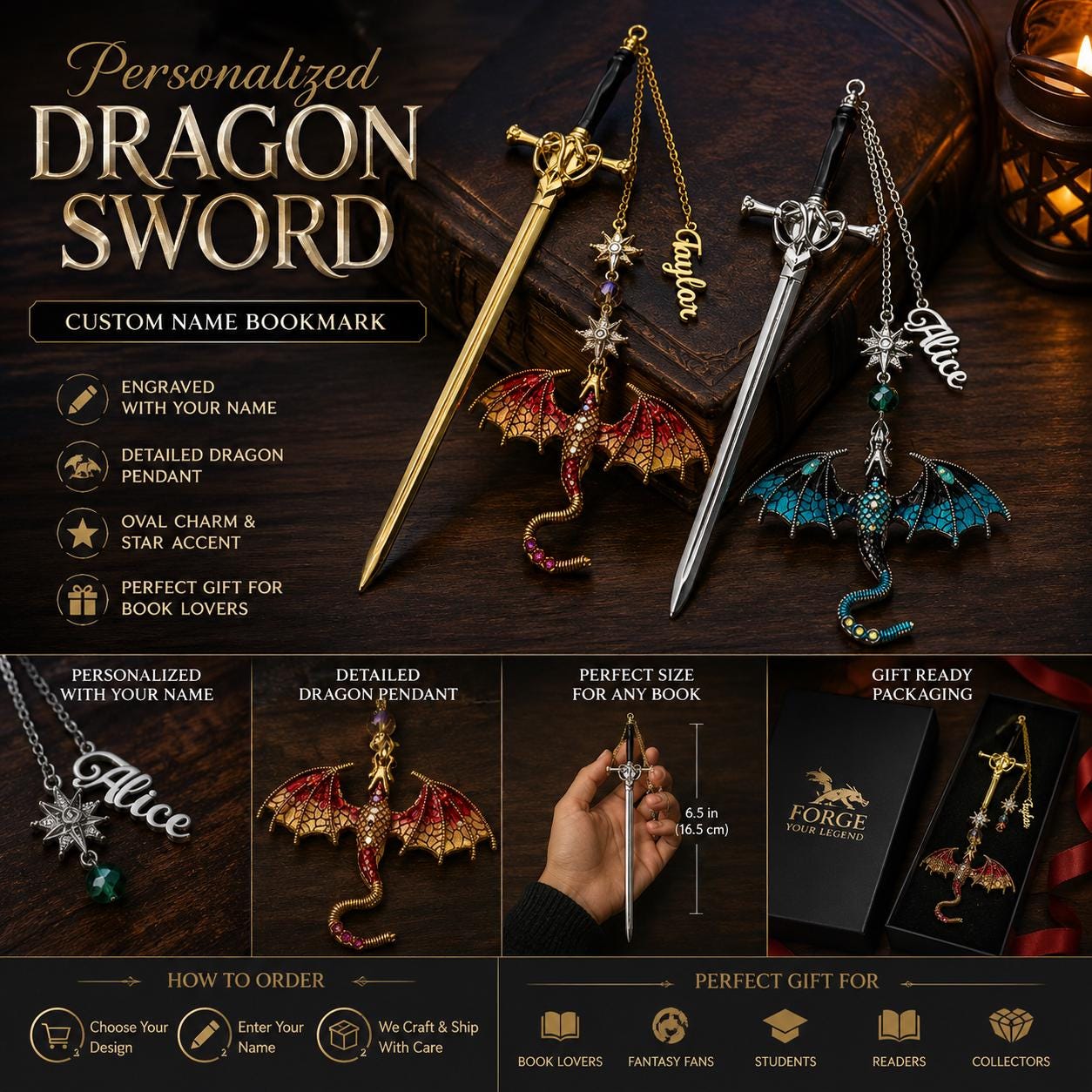 Personalized Name Fantasy Dragon Sword Bookmark | Fourth Wing Gothic Bookmark | Bookish Metal Charm | Birthday Graduation Gift for Readers
