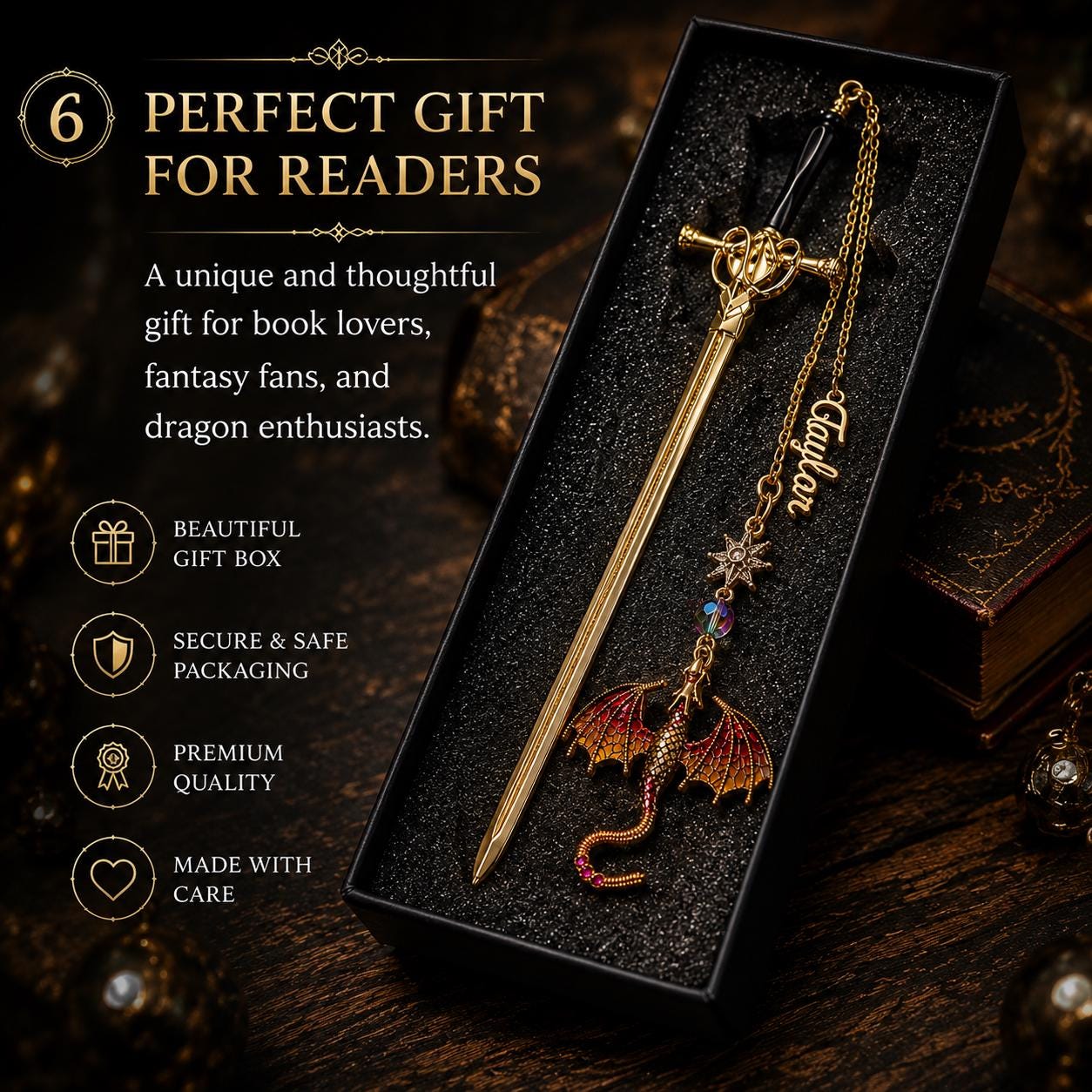Personalized Name Fantasy Dragon Sword Bookmark | Fourth Wing Gothic Bookmark | Bookish Metal Charm | Birthday Graduation Gift for Readers