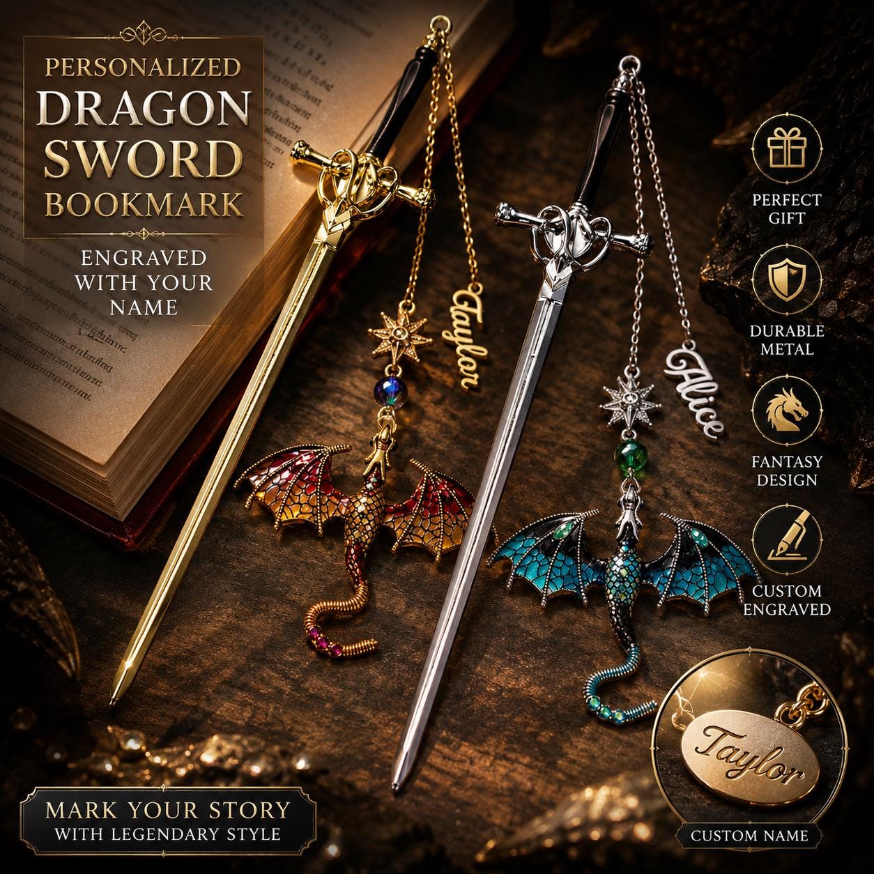 Personalized Name Fantasy Dragon Sword Bookmark | Fourth Wing Gothic Bookmark | Bookish Metal Charm | Birthday Graduation Gift for Readers