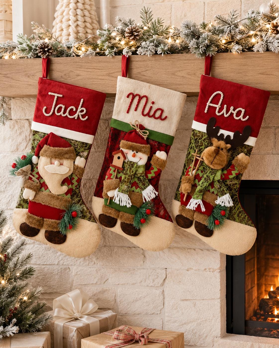 Personalized Christmas Stocking with Name, 3D Santa Snowman or Reindeer Mantel Decor