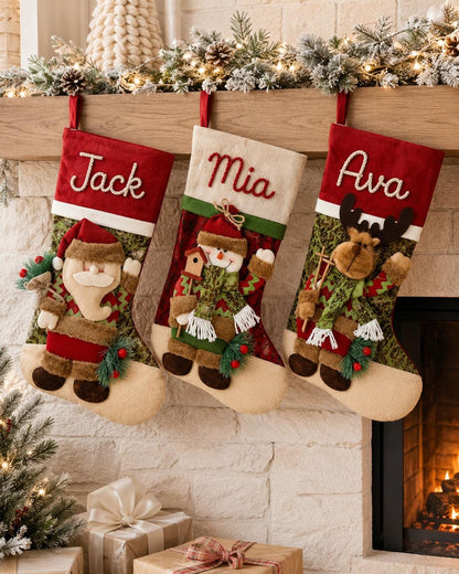 Personalized Christmas Stocking with Name, 3D Santa Snowman or Reindeer Mantel Decor