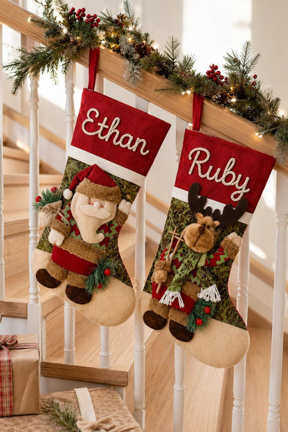 Personalized Christmas Stocking with Name, 3D Santa Snowman or Reindeer Mantel Decor
