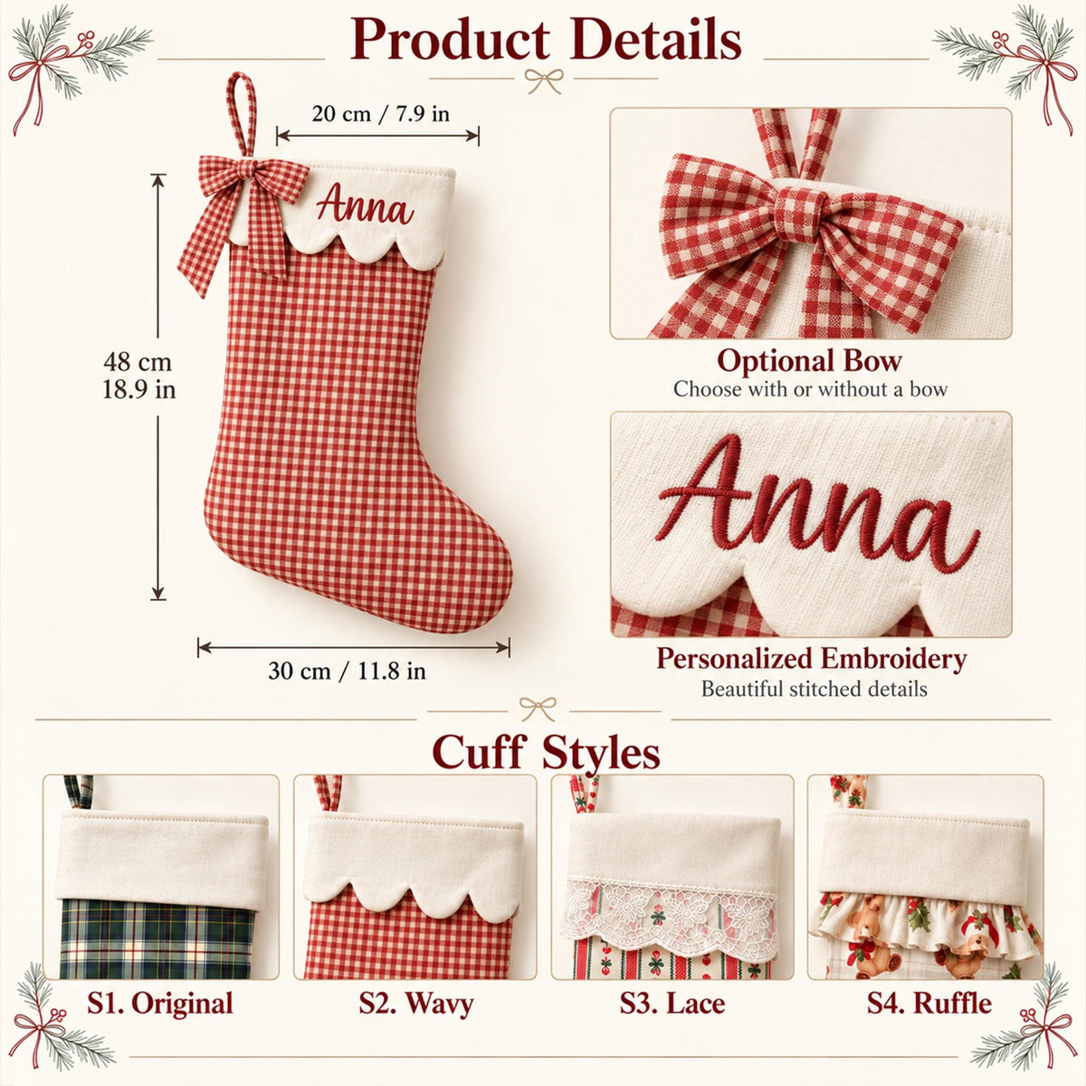 Personalized Christmas Stocking: With Name Embroidery, Bow, Ruffle Cuff, and Lace Options