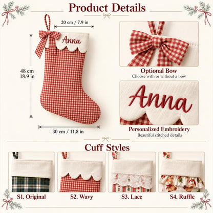 Personalized Christmas Stocking: With Name Embroidery, Bow, Ruffle Cuff, and Lace Options